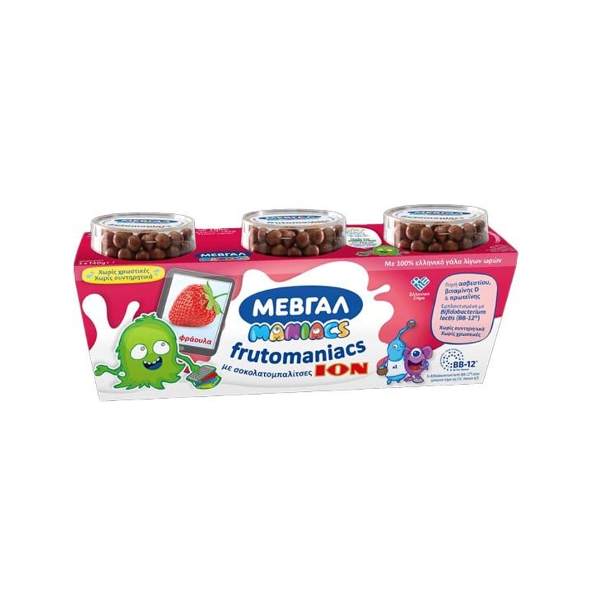 Μεβγάλ Frutomaniacs Επιδόρπιο Γιαουρτιού Φράουλα με Σοκολατομπαλίτσες Ίον 3x140g