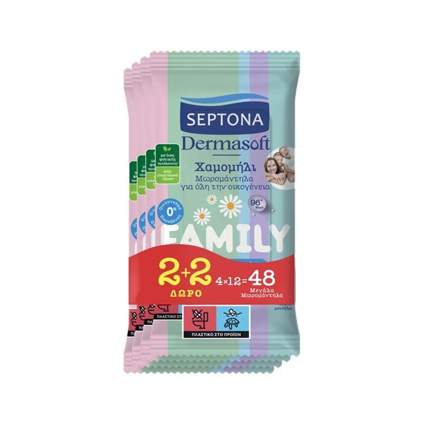 SEPTONA Μωρομάντηλα Dermasoft Family με Χαμομήλι 4x12 τεμ 2+2 Δώρο