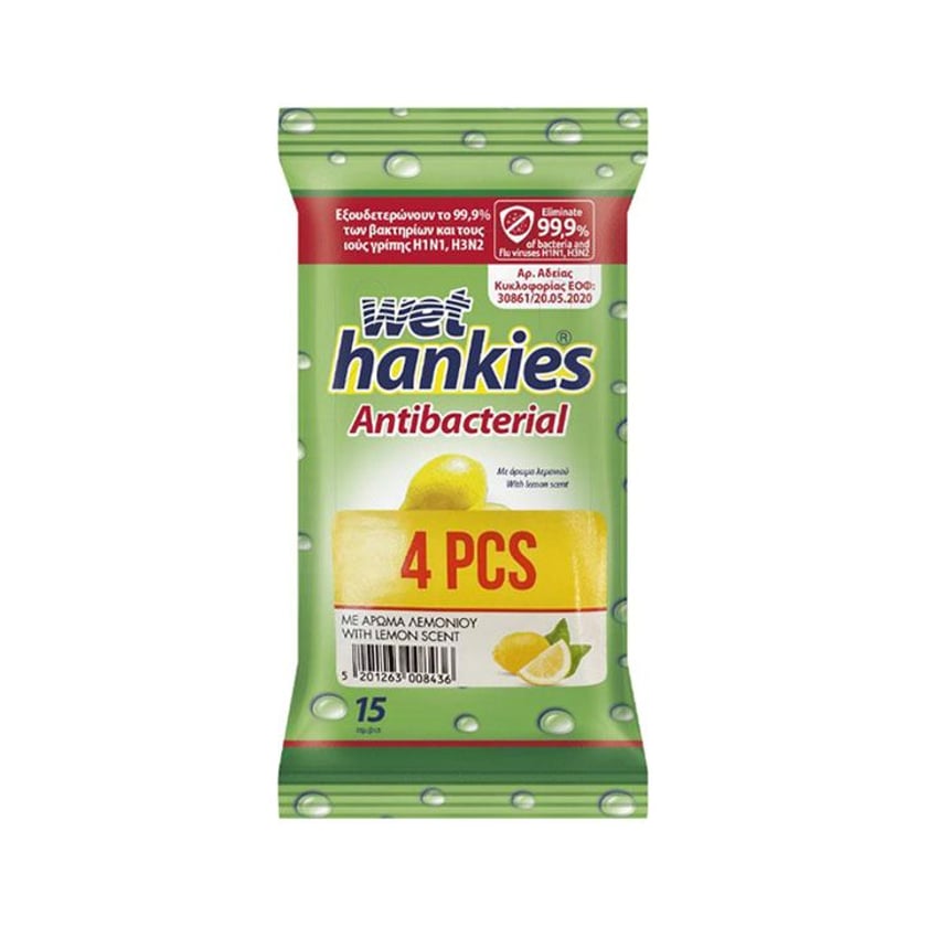 Wet Hankies Αντιβακτηριδιακά Υγρομάντηλα Χεριών με Άρωμα Λεμόνι 4x15τεμ