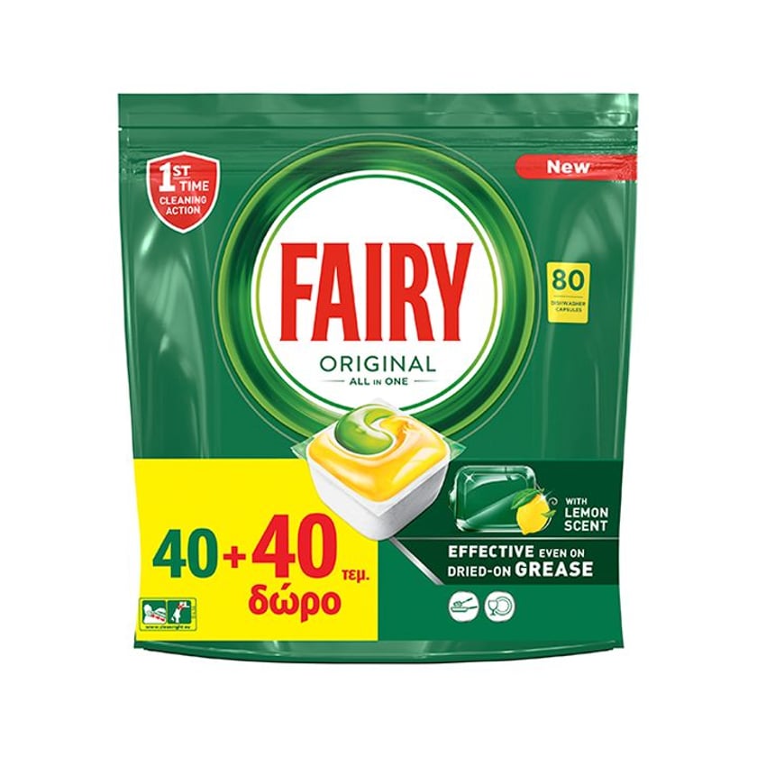 Fairy Original All In One Κάψουλες Πλυντηρίου Πιάτων Λεμόνι 40+40τεμ Δώρο