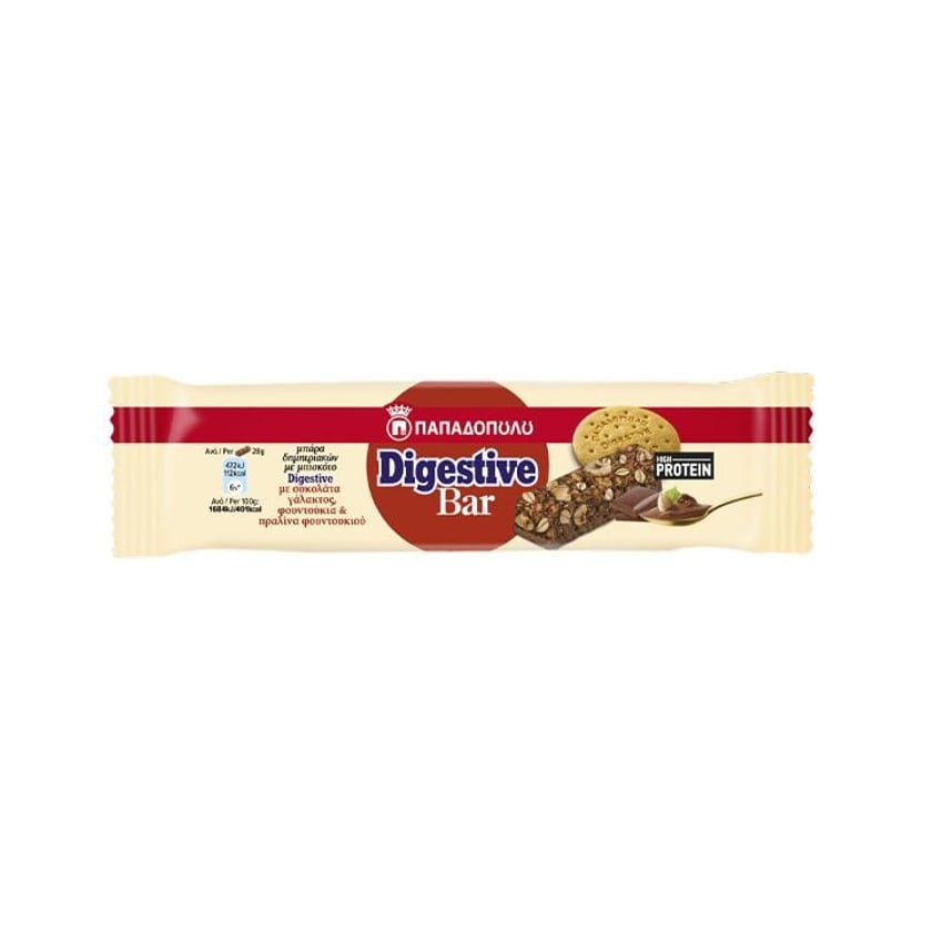 Παπαδοπούλου Digestive Bar High Protein με Σοκολάτα Γάλακτος, Φουντούκια & Πραλίνα Φουντουκιού 28g