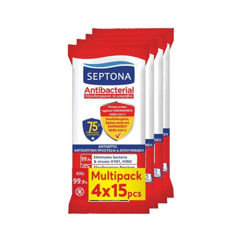 Septona Αντιβακτηριδιακά Μαντηλάκια Refresh 75% Ethanol 15τεμ 2+2 Δώρο