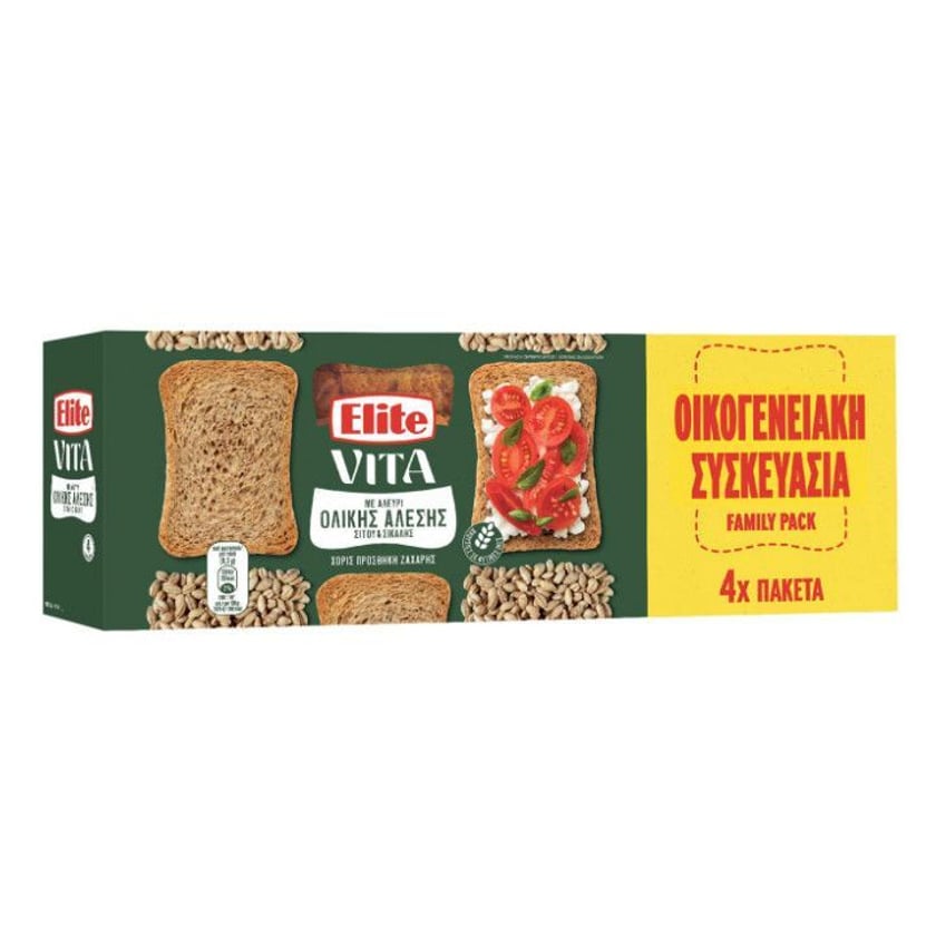 Elite Vita Φρυγανιές με Αλεύρι Ολικής Άλεσης Σίτου & Σίκαλης Οικογενειακή Συσκευασία 4x90g