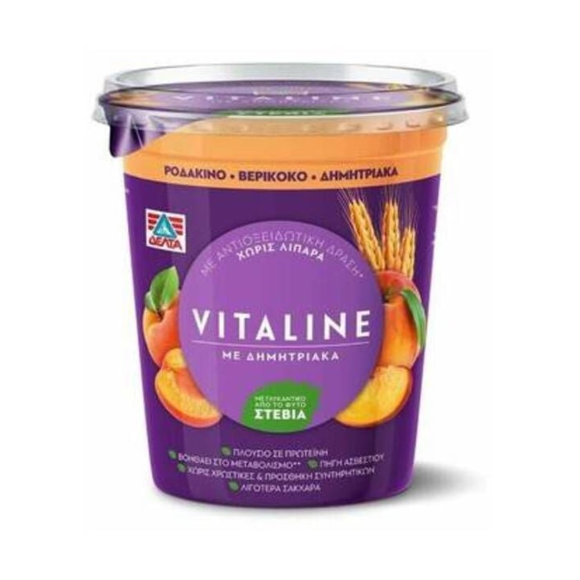 Δέλτα Vitaline Επιδόρπιο Γιαουρτιού 0% με Ροδάκινο, Βερύκοκο & Δημητριακά 380g