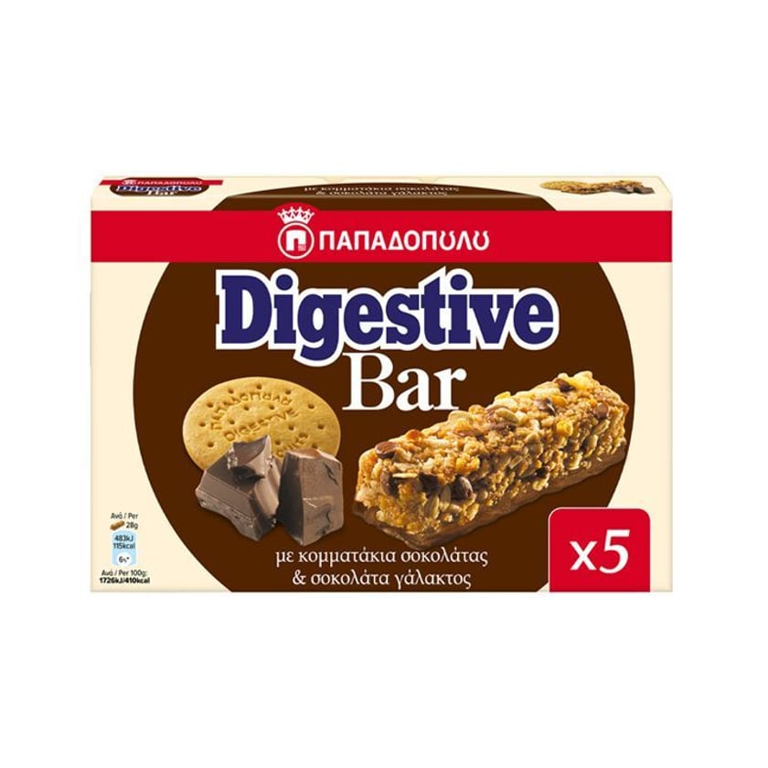 Παπαδοπούλου Digestive Μπάρες Δημητριακών με Κομμάτια Σοκολάτας Γάλακτος & Επικάλυψη Σοκολάτα Γάλακτος 5x28g