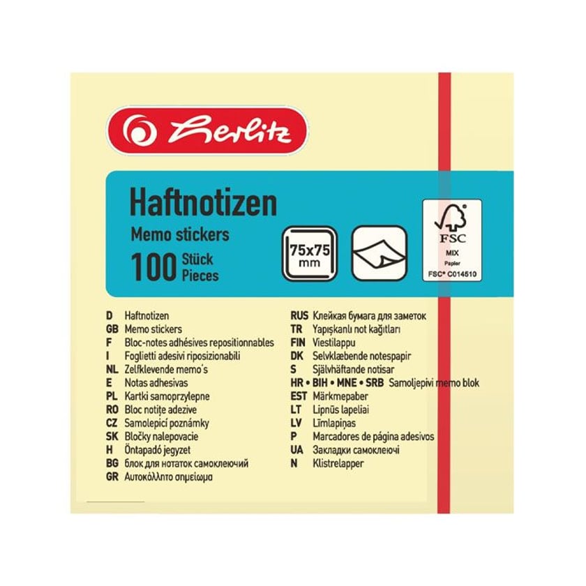 Herlitz Αυτοκόλλητα Χαρτάκια Κίτρινα 75x75mm 100τεμ
