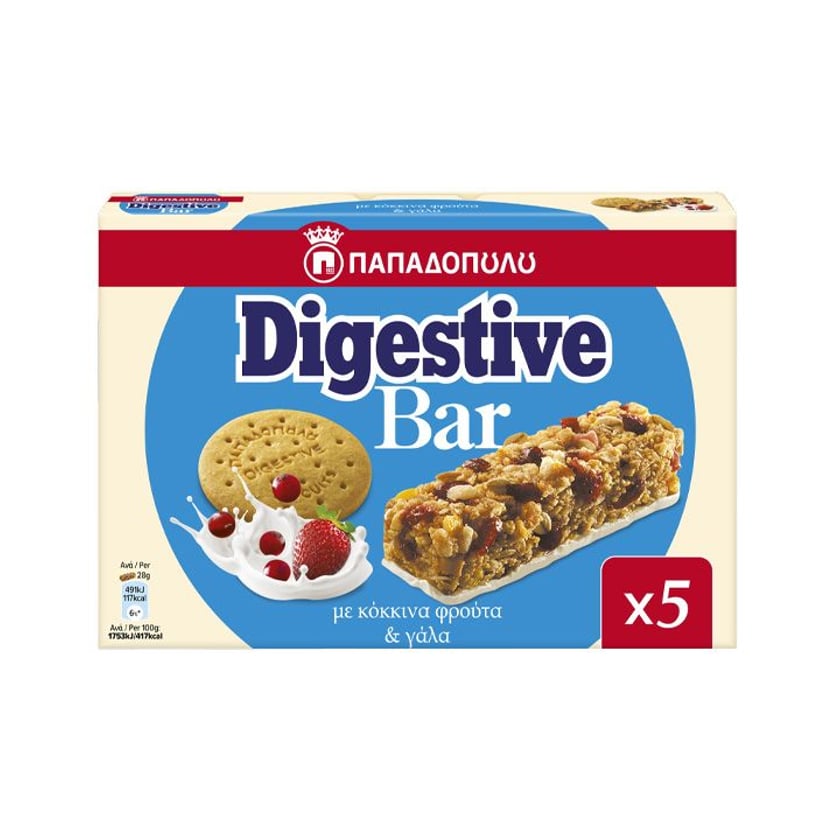 Παπαδοπούλου Digestive Bar με Κόκκινα Φρούτα & Επικάλυψη με Γάλα 5x28g