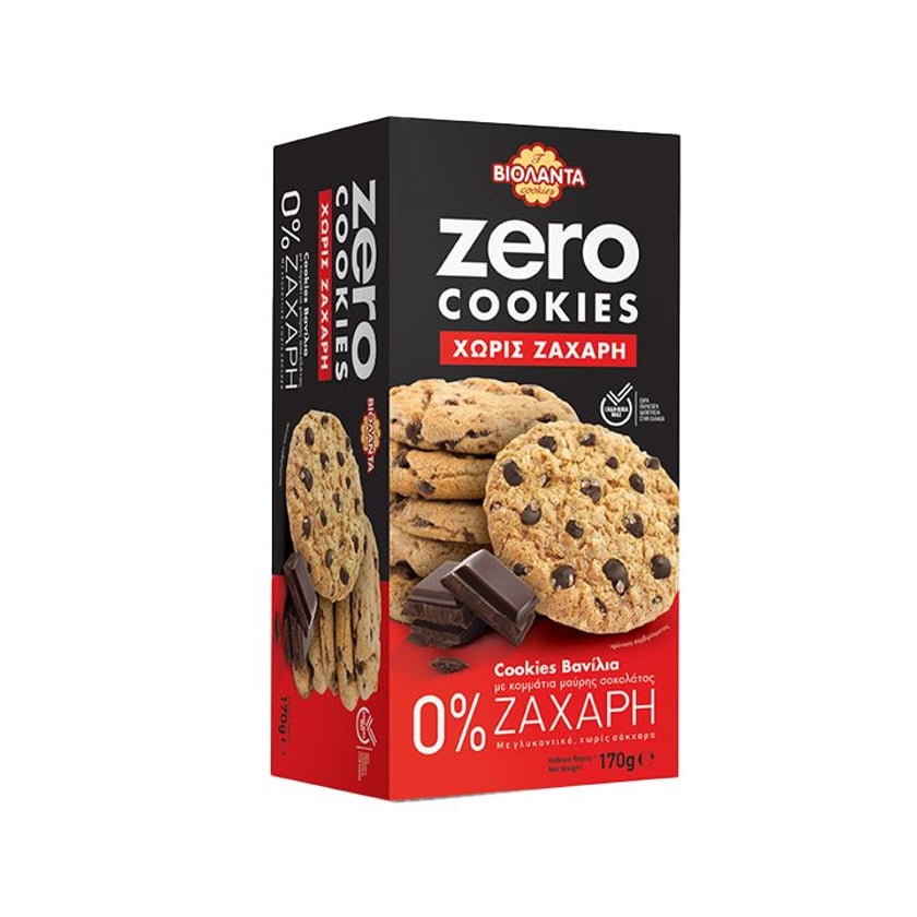 Βιολάντα Cookies Μπισκότα Βανίλια με Κομμάτια Μαύρης Σοκολάτα; 0% Ζάχαρη, με Γλυκαντικά, Χωρίς Σάκχαρα 170g