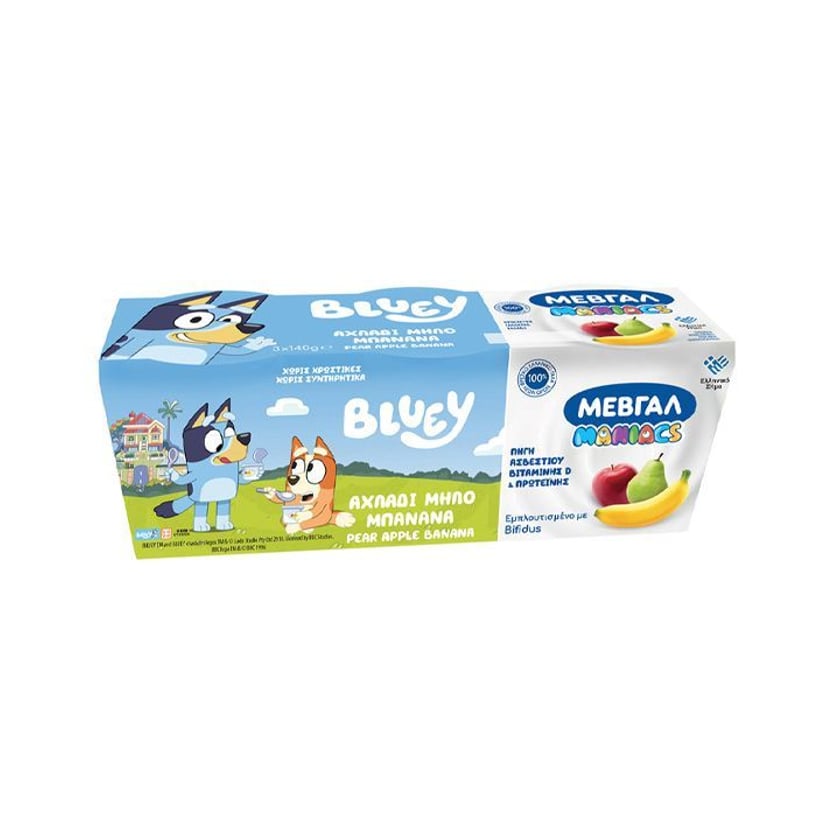 Μεβγάλ Maniacs Bluey Παιδικό Επιδόρπιο Γιαουρτιού Αχλάδι, Μήλο & Μπανάνα 3x140g