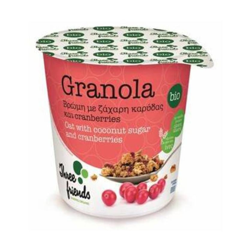 Three Friends Granola Cup με Zάχαρη Καρύδας & Cranberries Bio 65g