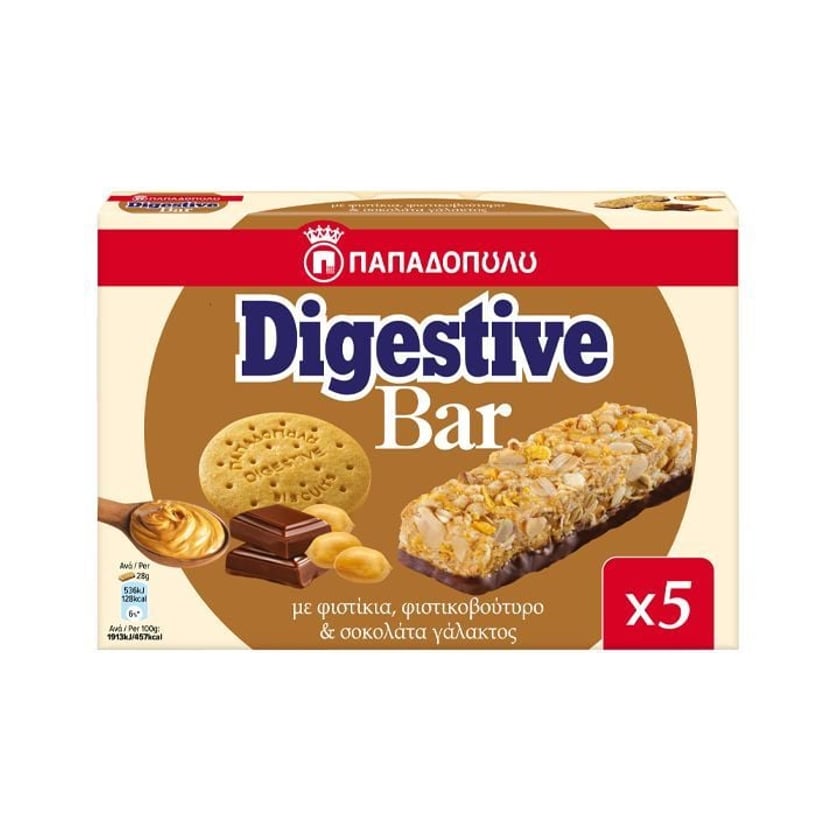 Παπαδοπούλου Digestive Bar με Φιστίκια, Φιστικοβούτυρο & Σοκολάτα Γάλακτος 5x28g