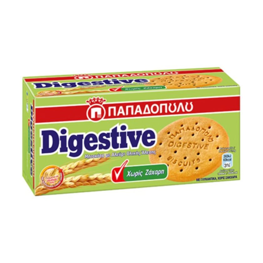 Παπαδοπούλου Μπισκότα Digestive με Αλεύρι Ολικής Άλεσης Χωρίς Ζάχαρη 250g